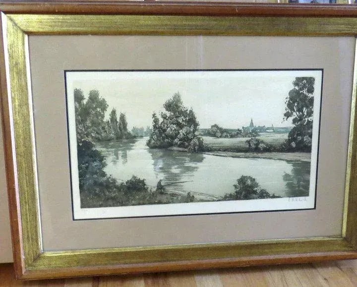 Late 20th Century Very Nice Signed Numbered Color Aquatint Etching Town River Fisherman Fishing - 7