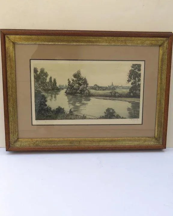 Late 20th Century Very Nice Signed Numbered Color Aquatint Etching Town River Fisherman Fishing - 8