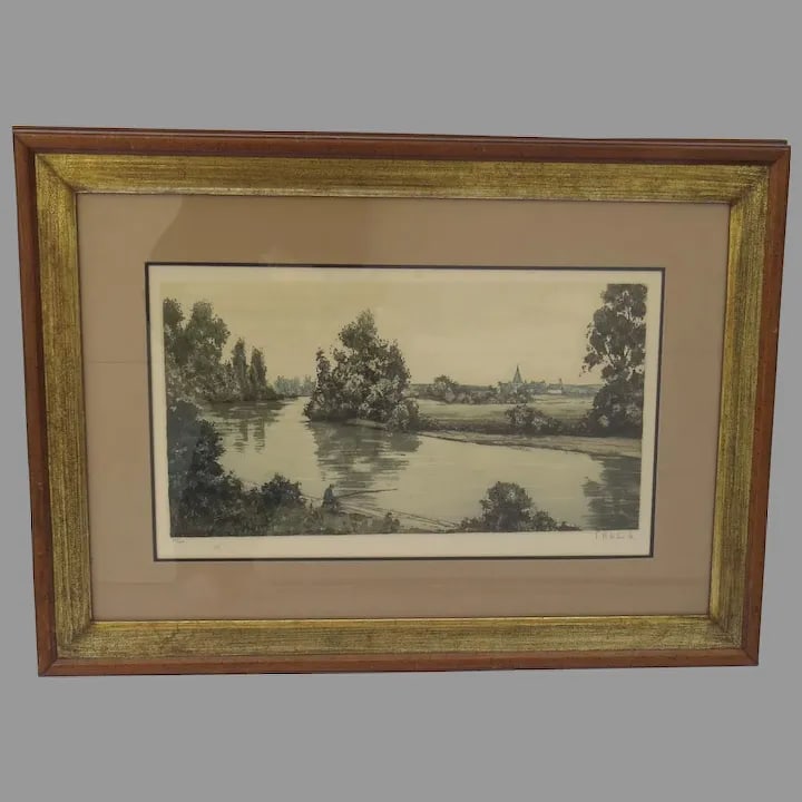 Late 20th Century Very Nice Signed Numbered Color Aquatint Etching Town River Fisherman Fishing - 9