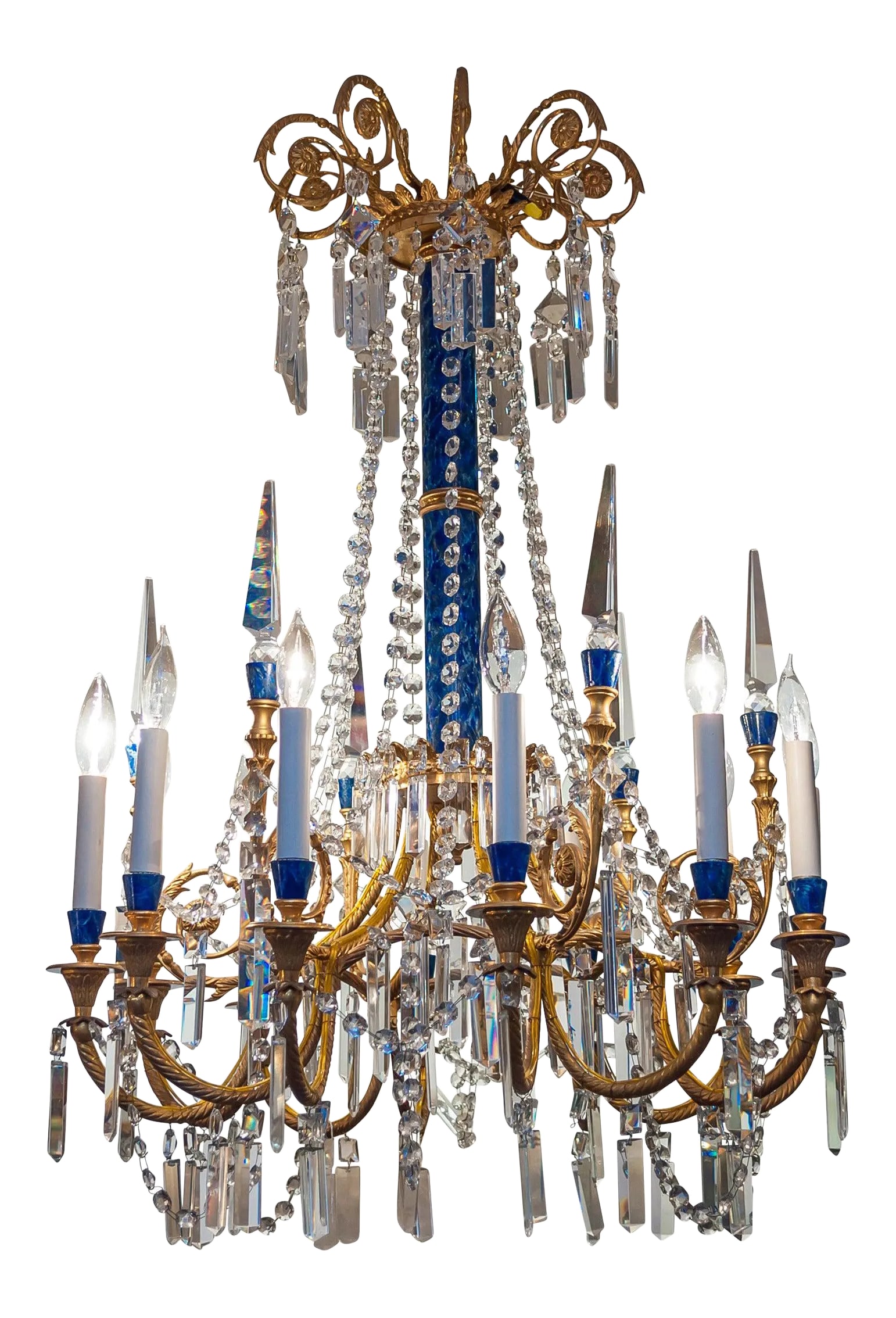 Louis XVI Style Gilt Bronze and Faux Lapis Twelve-Light Chandelier: Louis XVI style gilt bronze and faux lapis twelve-light chandelier Stock Number: Condition: Alterations: Unknown Imperfections: Some Imperfections Condition Notes: Good Wear consistent with age and