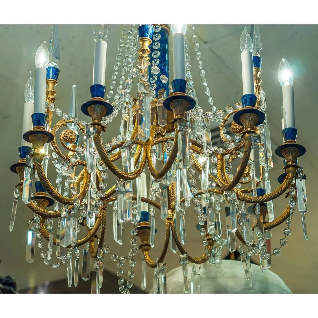 Louis XVI Style Gilt Bronze and Faux Lapis Twelve-Light Chandelier - 3