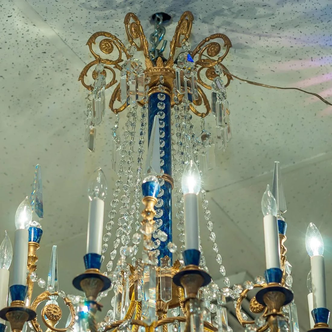 Louis XVI Style Gilt Bronze and Faux Lapis Twelve-Light Chandelier - 4