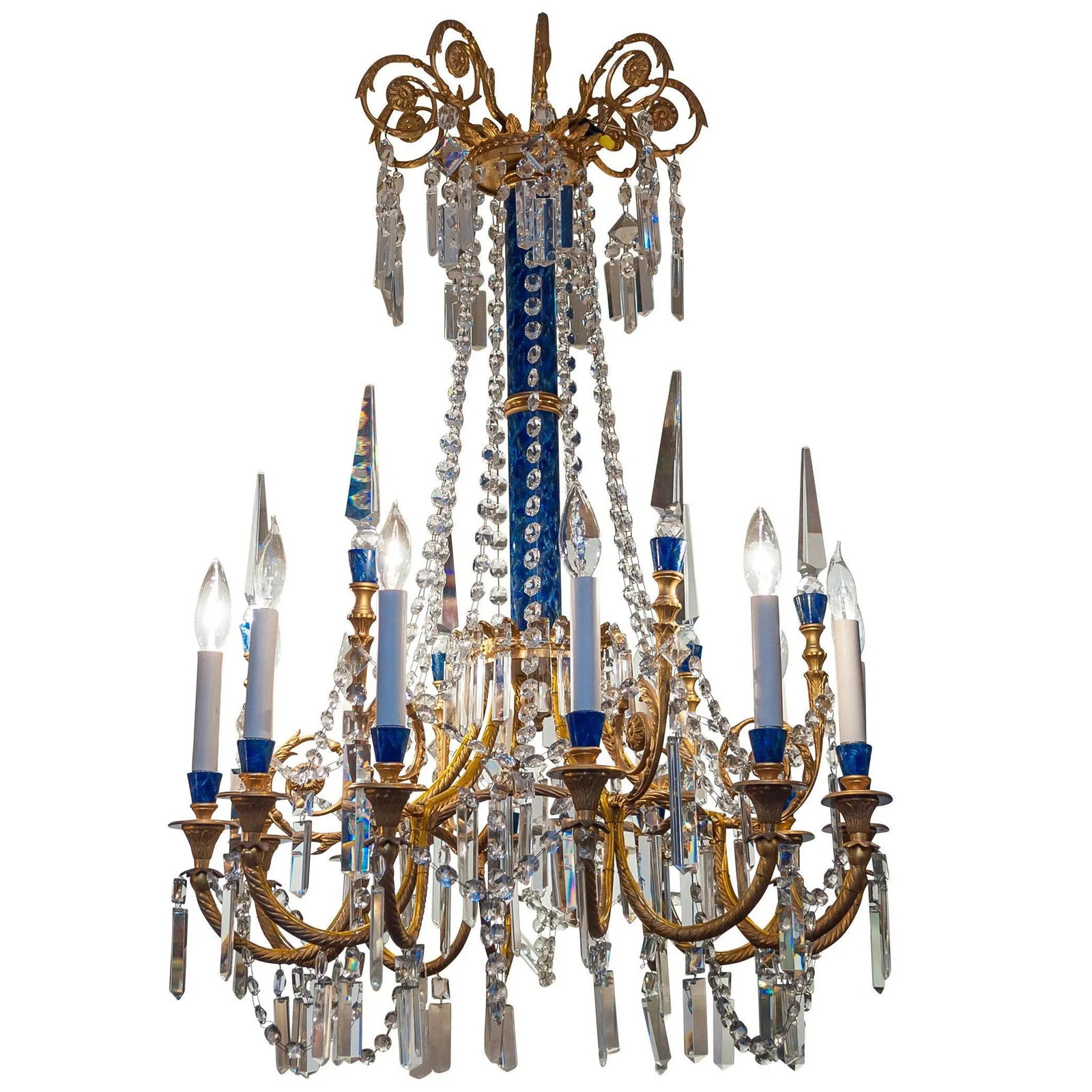 Louis XVI Style Gilt Bronze and Faux Lapis Twelve-Light Chandelier - 5