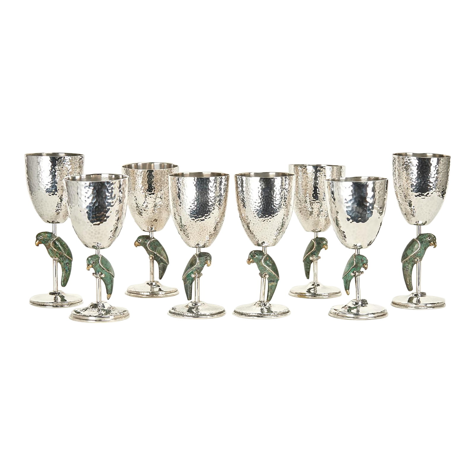 Vintage Set of Eight Silver on Copper Goblets or Stemware With Parrots (1 of 11)