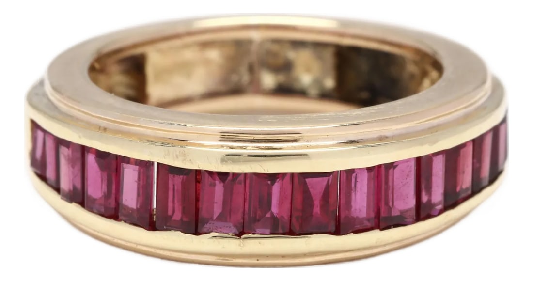 1.68ctw Baguette Ruby Channel Band Ring, 18k Yellow Gold, Ring Size 5.25: Stones: - rubies, 16 stones - baguette cut - 2.75 x 1.5 - 3.25 x 2 mm - approximately 1.68 total carats Ring Size 5.25 Width: 6.65 mm Weight: 4.2 dwts. SKU: R2177 A Couple Of Things to Note: * This