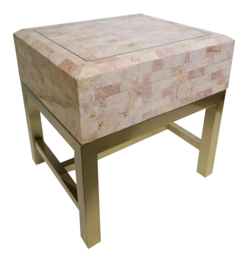 Maitland Smith Tessellated Marble Box on Stand: Vintage Maitland Smith Tessellated marble box on satin polished brass stand from a Palm Beach estate This piece will make the perfect side table as it can store those unsightly remote controls and coa
