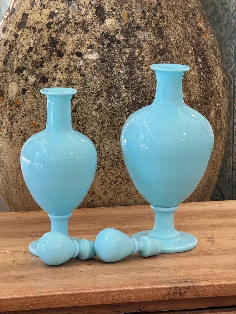 19th Century French Blue Opaline Apothecary Bottles- Set of 2 - 2