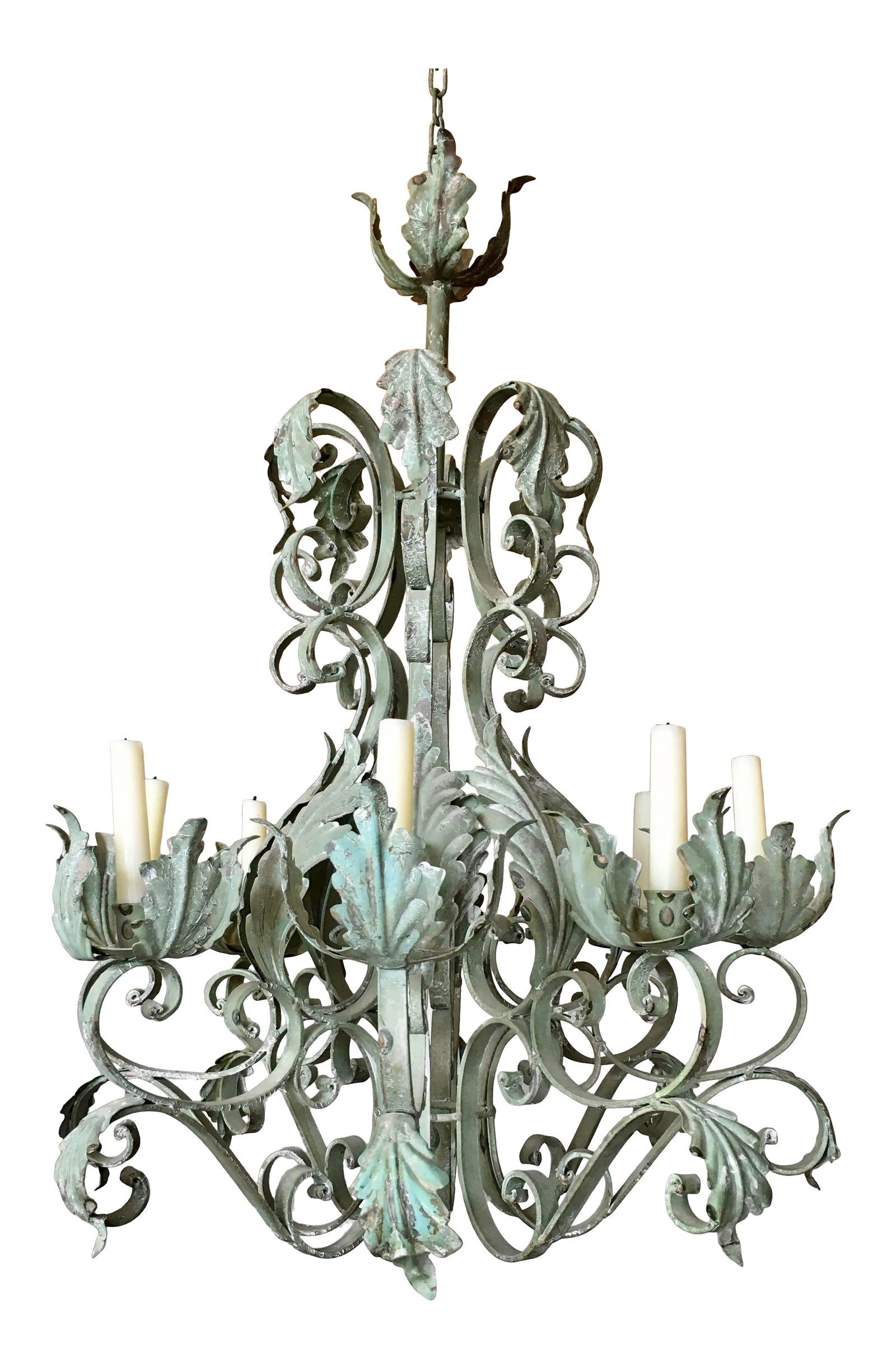 Mid 20th C. Iron Candelabra Chandelier: Iron Candelabra Chandelier holds 8 taper size candles. Rustic garden-green old painted finish. Scroll and Acanthus leaf detail. Great for outside or inside. No wiring needed for this one! Just light