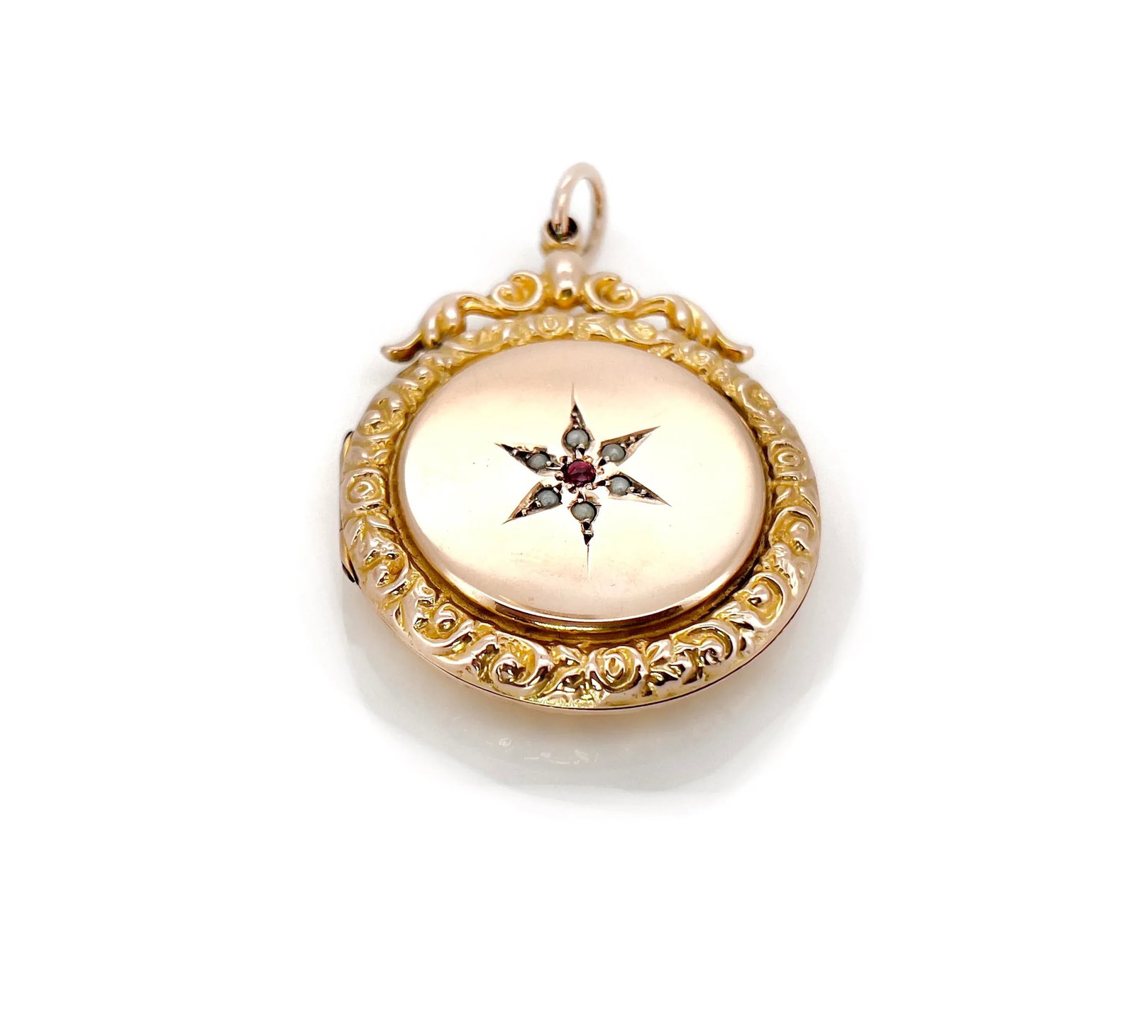 Antique Pearl & Garnet Celestial Star Locket, 9kt Back and Front - 7