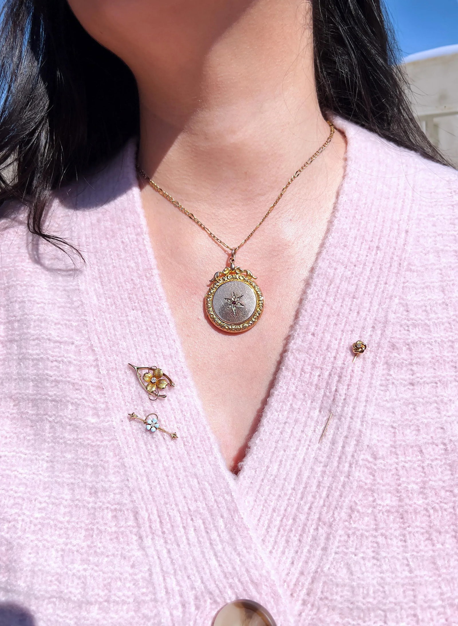 Antique Pearl & Garnet Celestial Star Locket, 9kt Back and Front - 8