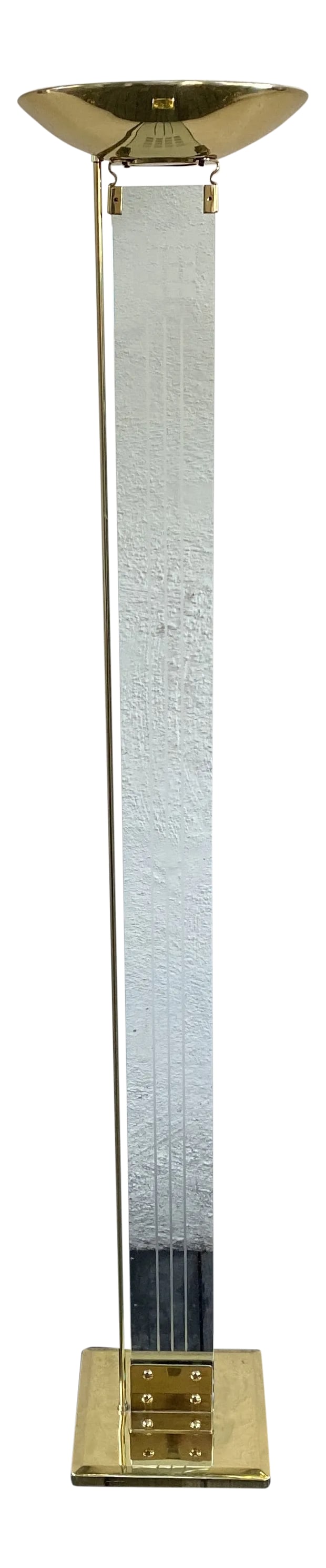 Vintage 1980's Glass and Brass Floor Lamp: Gorgeous 1980's high design brass and glass floor lamp in Hollywood regency style. Condition: Alterations: Original Condition Unaltered Imperfections: Some Imperfections Condition Notes: Some very