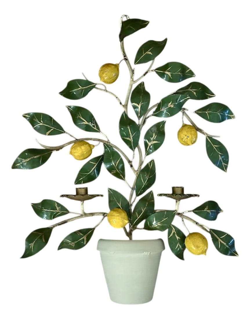 Vintage Italian Tole Potted Espaliered / Espalier Lemon Tree Candle Wall Sconce / Toleware Candle Ho: A vintage, Italian tole candle sconce. Features an iron, tole form potted, lemon tree with a double arm candle sconce. Signed "Italy" to the verso. Condition: Alterations: Original Condition