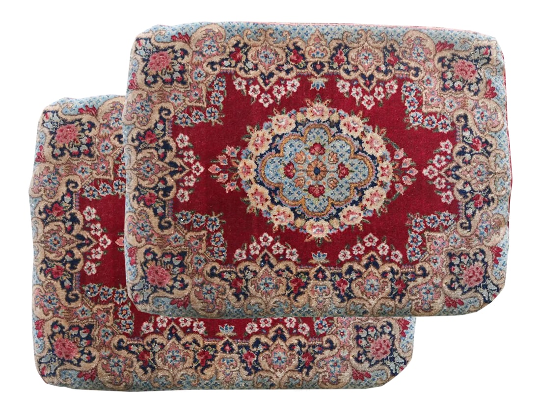 Antique Persian Mat Pillows - a Pair: circa 1920, Wool Kerman pillows Insert INCLUDED. Great for sitting in the floor or as a decor on the shelf or the wall. These are a pair and should be displayed together. Bright and beautiful colors.