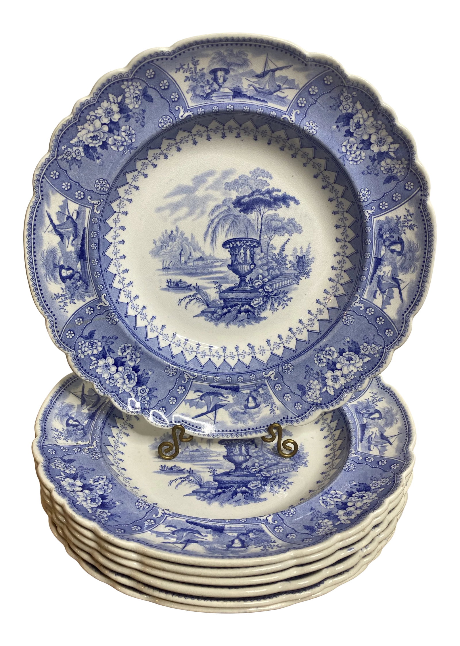 Antique Staffordshire Blue and White Soup Bowls/Plates - Set of 7 (1 of 9)