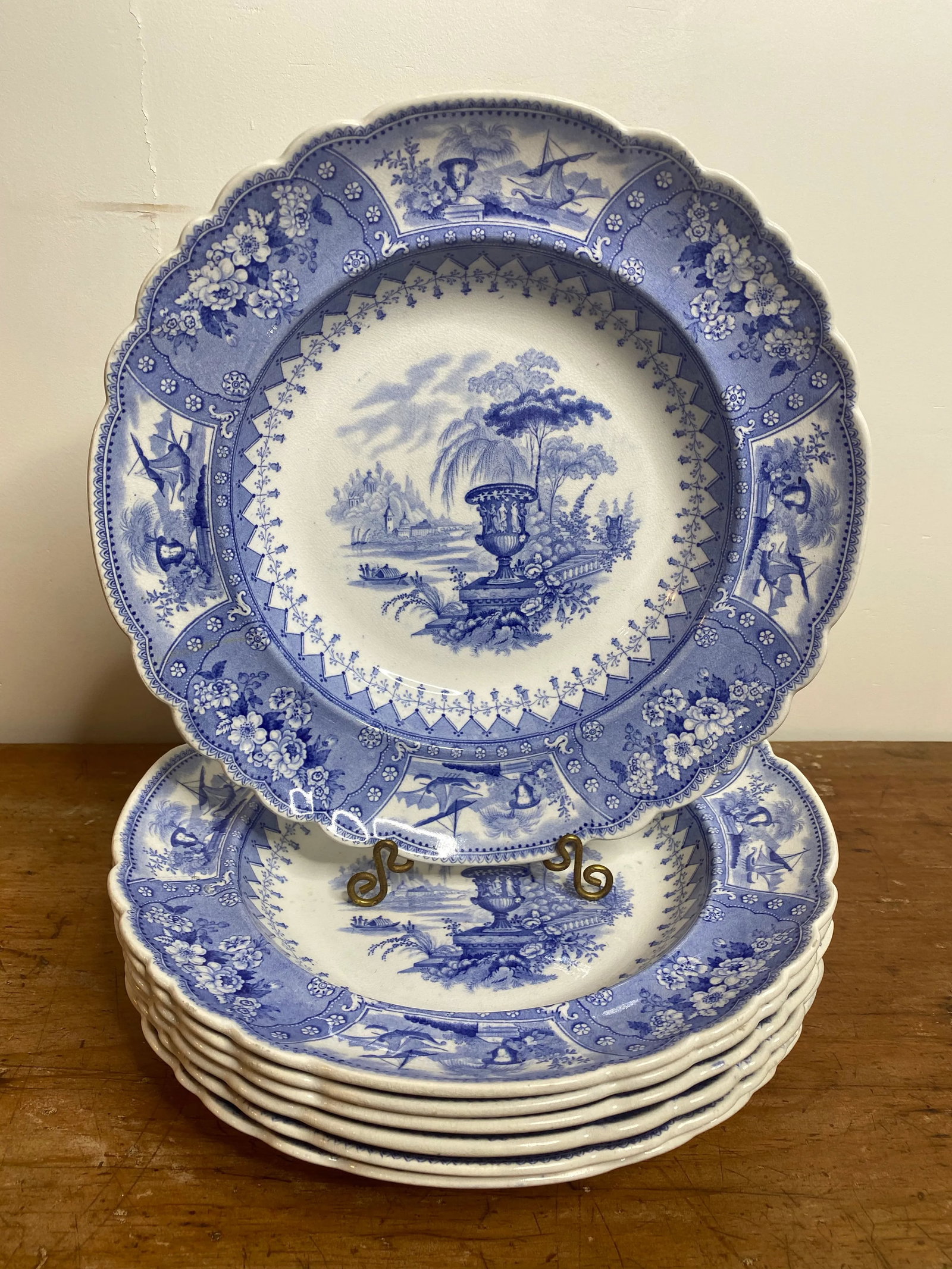 Antique Staffordshire Blue and White Soup Bowls/Plates - Set of 7 - 3