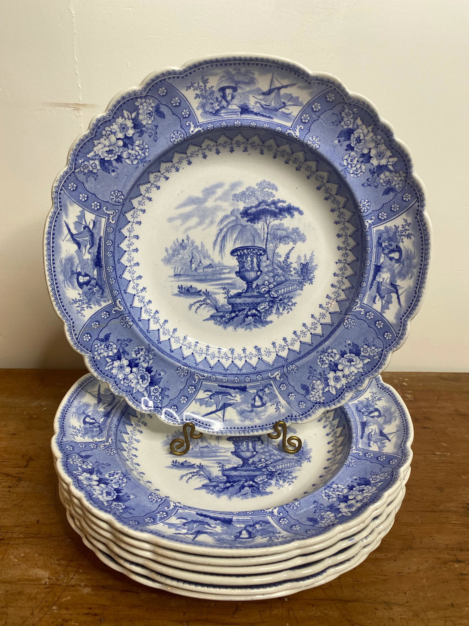 Antique Staffordshire Blue and White Soup Bowls/Plates - Set of 7 - 9