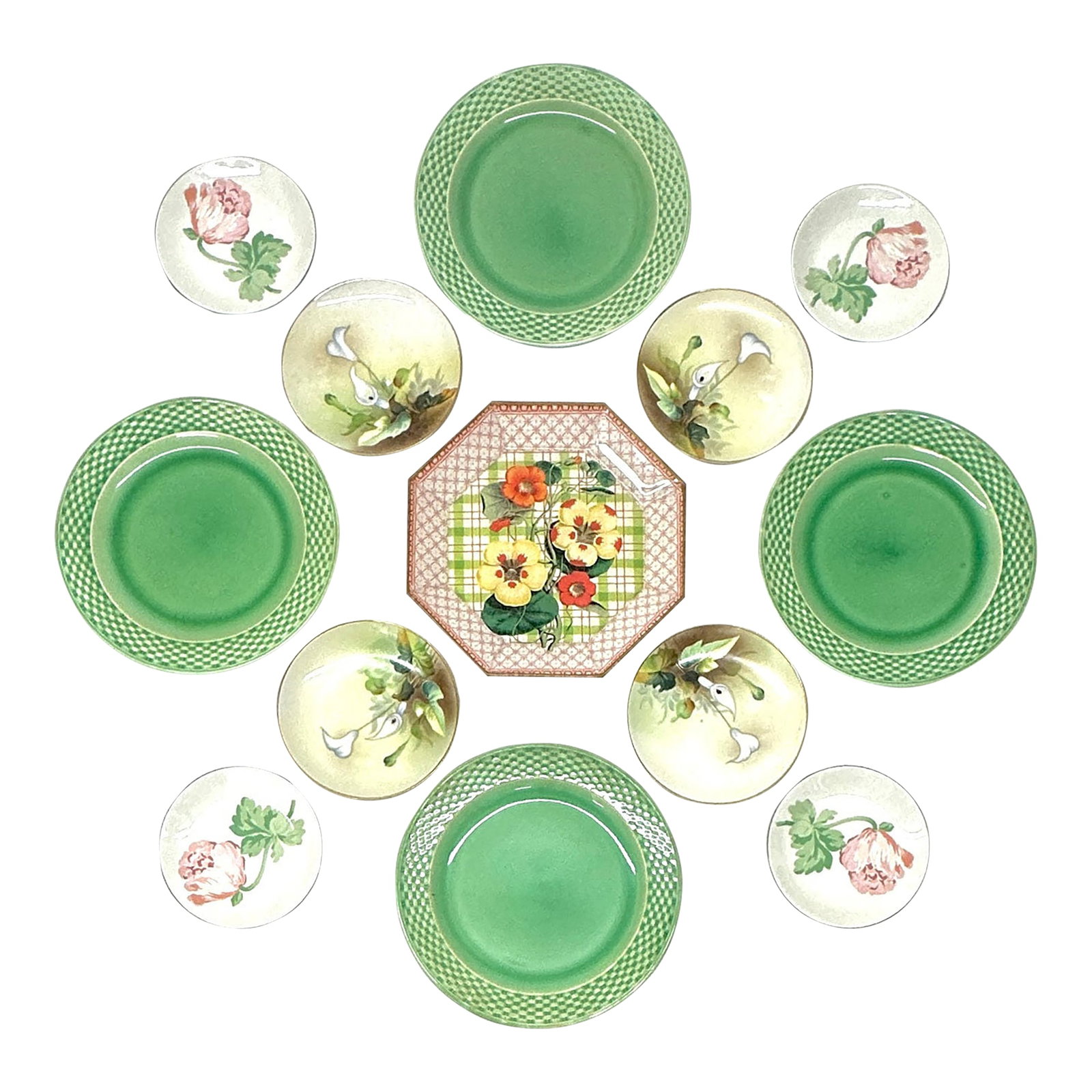 Apple Green & Mandarin Cottage Core Hand-Painted Wall Plate Curation - Group of 13: Eclectic green wall plate curation, group of 13. A charming collection of cottage core hand-painted decorative plates in varied sizes, showcasing floral and solid designs in an apple-green and mandari