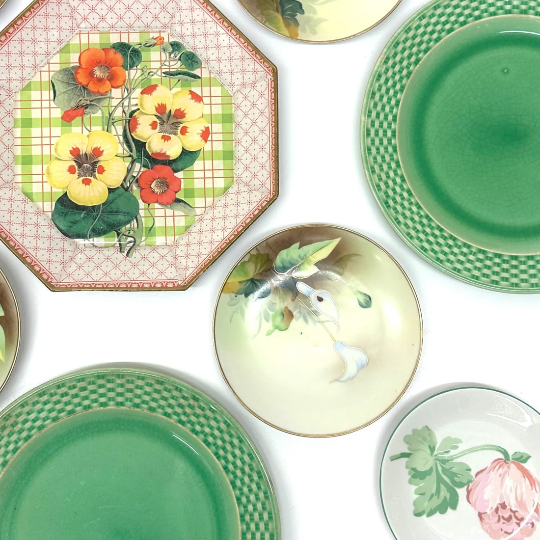 Apple Green & Mandarin Cottage Core Hand-Painted Wall Plate Curation - Group of 13 - 2