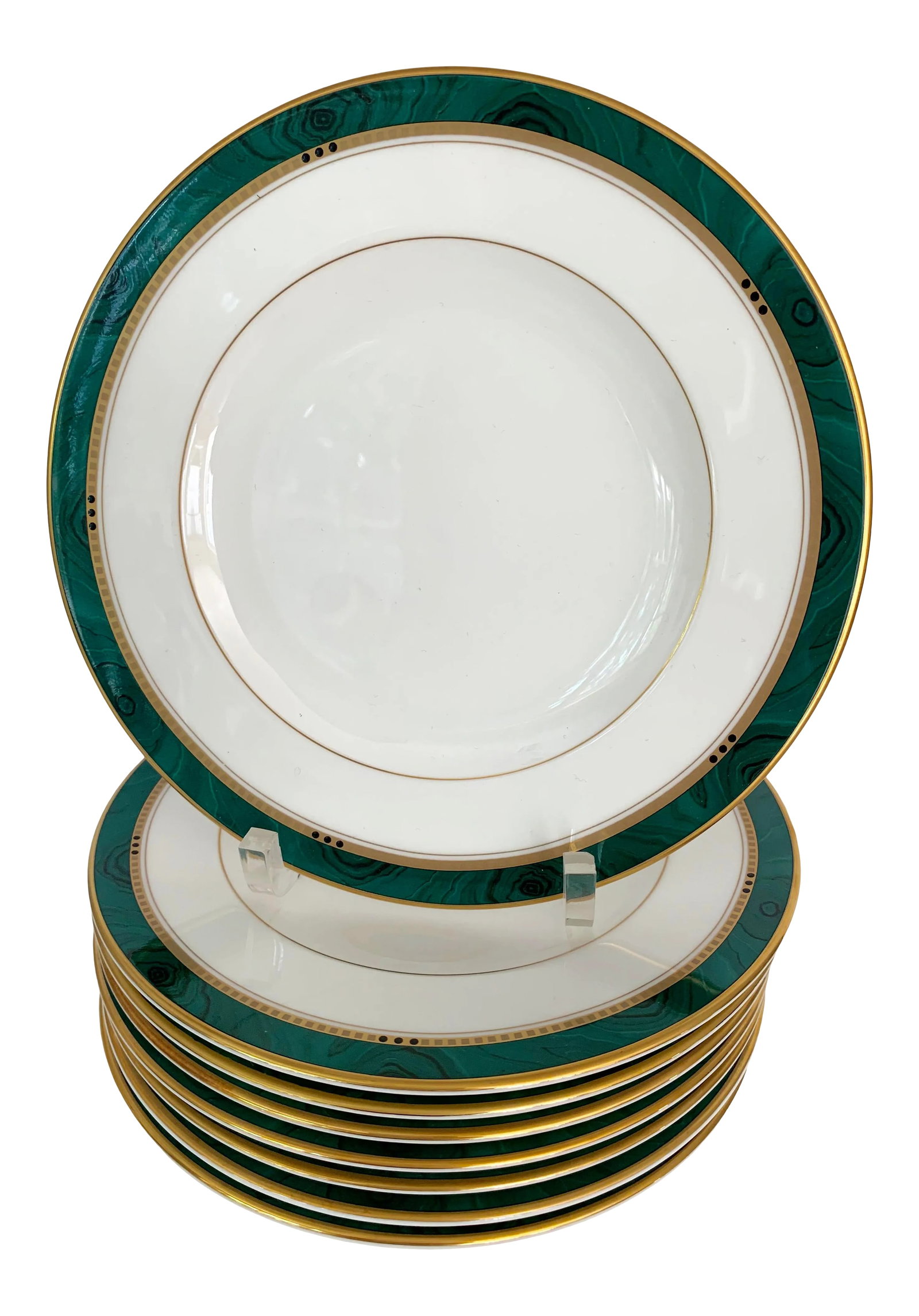 Malachite Dessert Plates - Set of 8: The richness of the green malachite pattern plays beautifully off of the crisp white bone china coupled with a gold trim make this pattern a stunner! Marked Mikasa "Imperial Emerald" on underside. Set