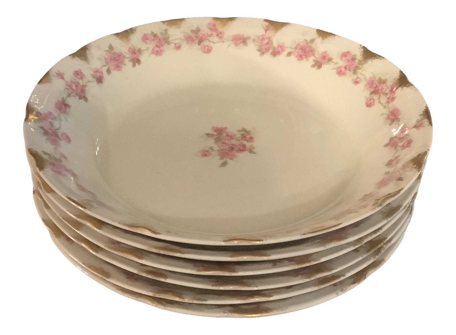Antique Haviland Limoges Soup Bowls - Set of 6: Antique set of 6 Charles Field Haviland Limoges, France soup bowls. Each bowl features delicate pink floral roses and brushed gold around the scalloped edges. Back stamped France. Double stamped CH