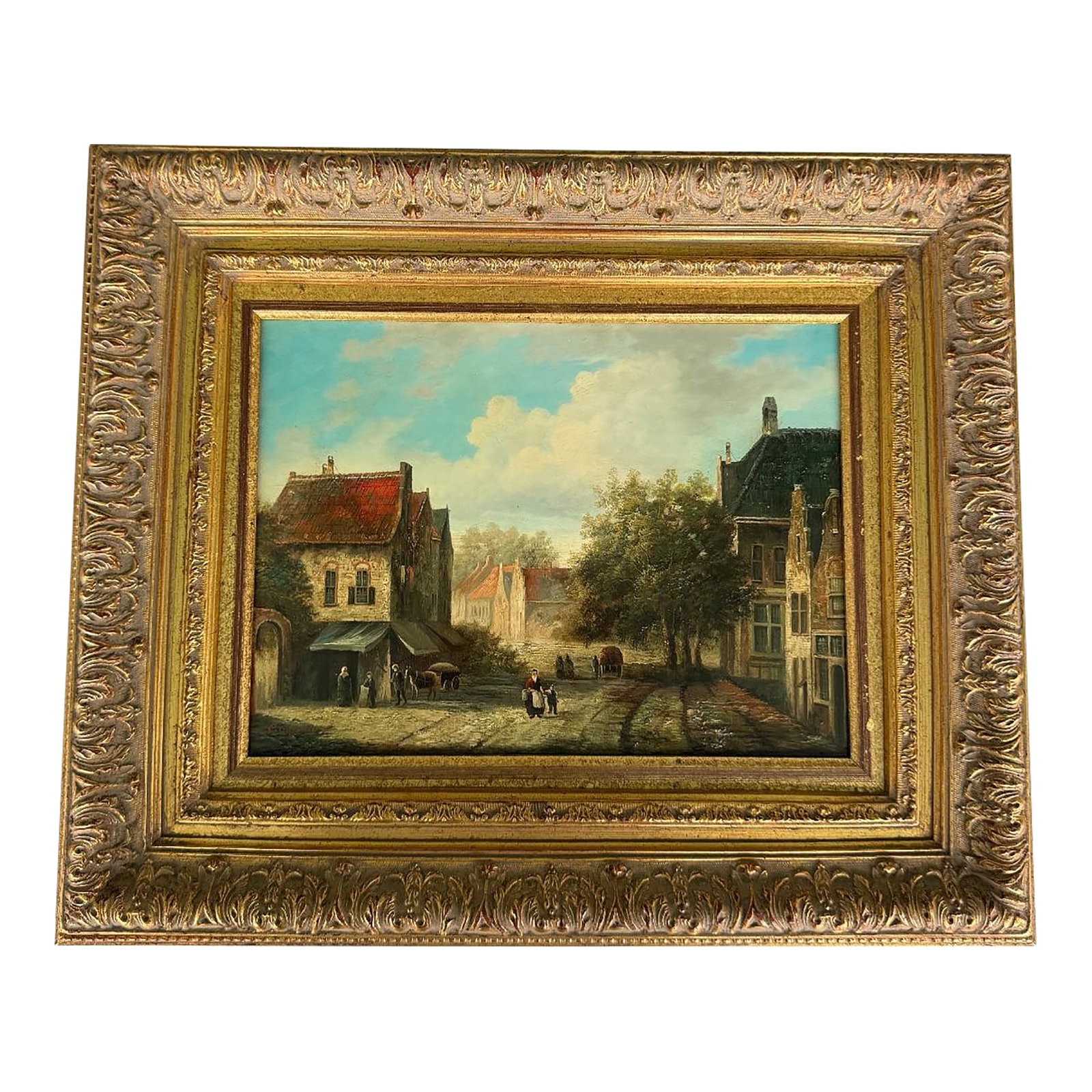 Vintage "Old European Style" Signed Oil on Wood Painting - Dutch Mastered Style: Transport your home to the charm of an Old European town with this exquisite signed oil on wood painting. Rendered in the meticulous tradition of the Dutch masters, this piece captures a quiet street