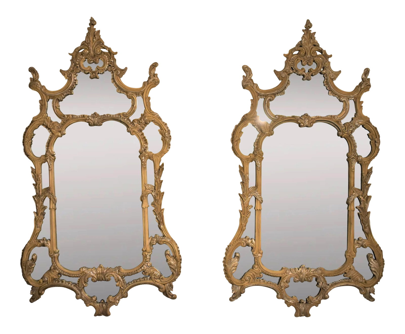 1980s John-Richard Collection Louis XV Style Carved Wall Mirrors - a Pair: 1980s John-Richard Collection Louis XV Style Carved Wall Mirror (2 Avail) WT: 50 LBS each A pair of rare large carved solid beechwood, elaborately carved, colored hand-painted and gilded Louis XV styl