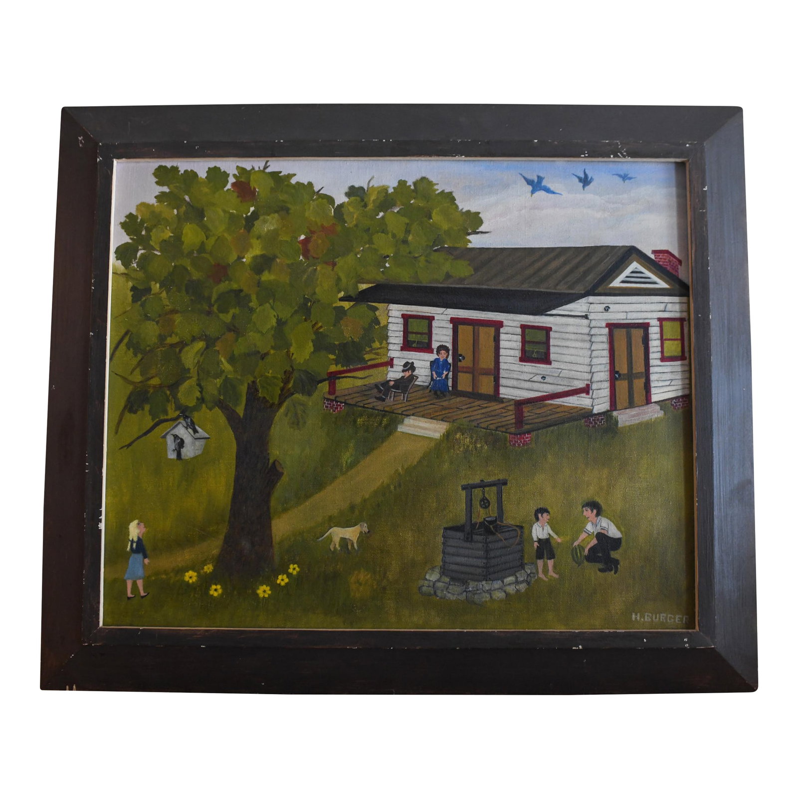 1970s Folk Art Farmhouse Landscape Scene Framed Oil on Canvas by H. Burger: Charming bucolic country oil scene in the folk art style signed H. Burger and depicts people around a white wooden farmhouse. Painting measures approx 15.75 x 19", framed measures 20" x 24. Canvas