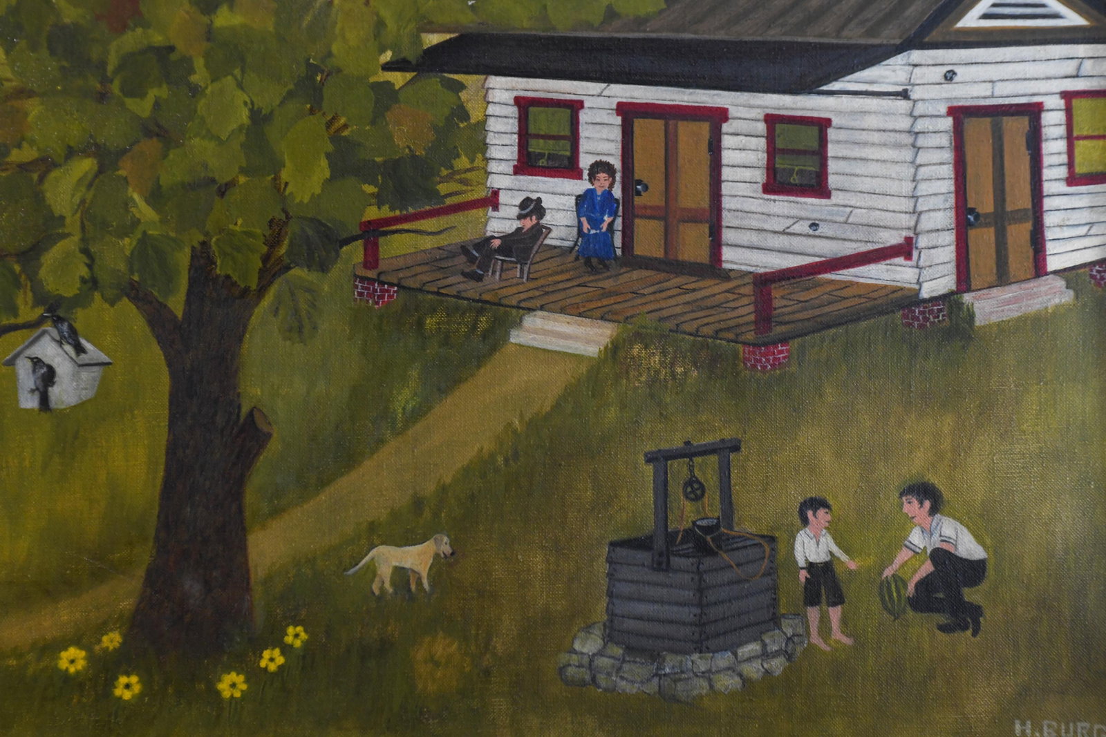 1970s Folk Art Farmhouse Landscape Scene Framed Oil on Canvas by H. Burger - 2