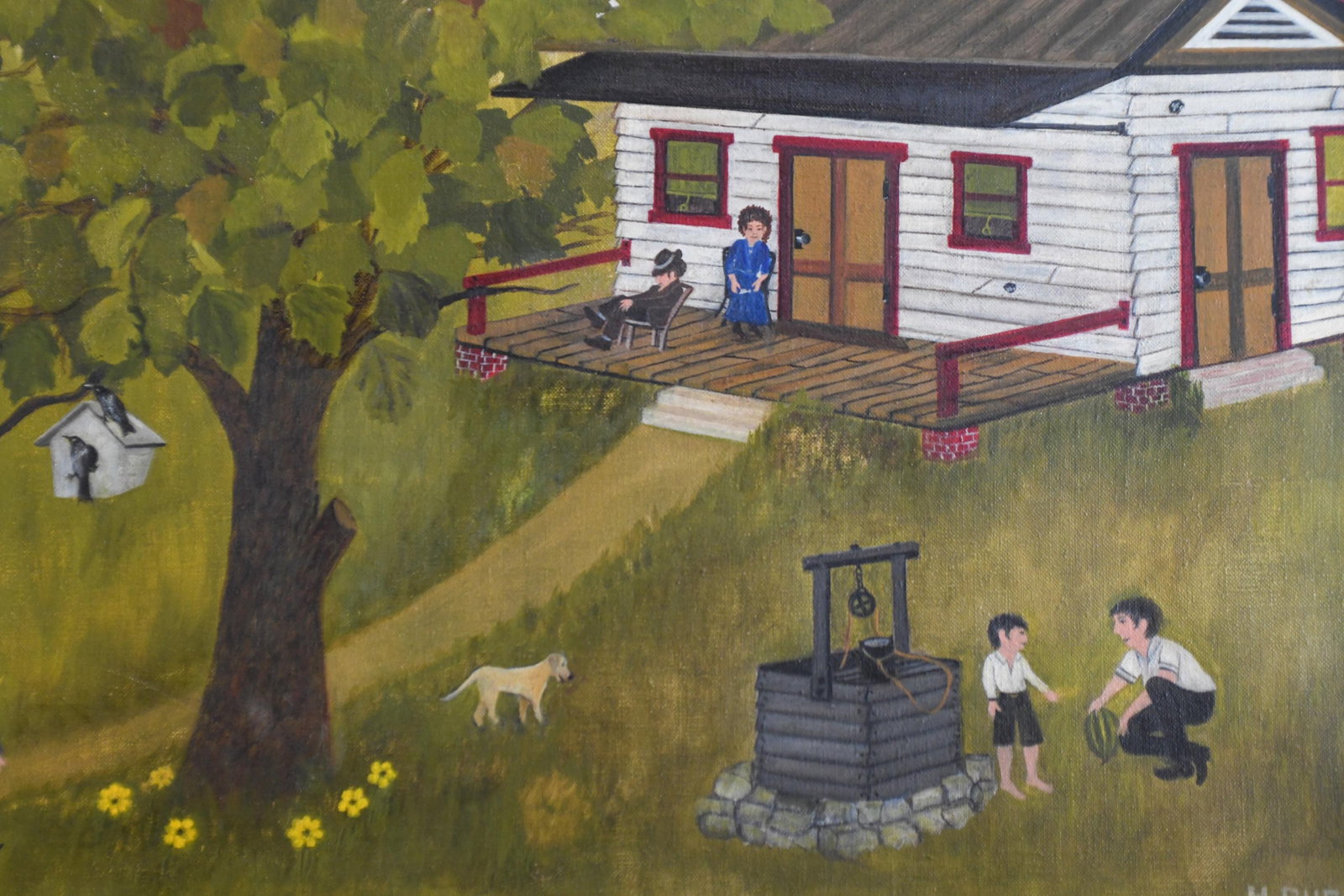 1970s Folk Art Farmhouse Landscape Scene Framed Oil on Canvas by H. Burger - 4