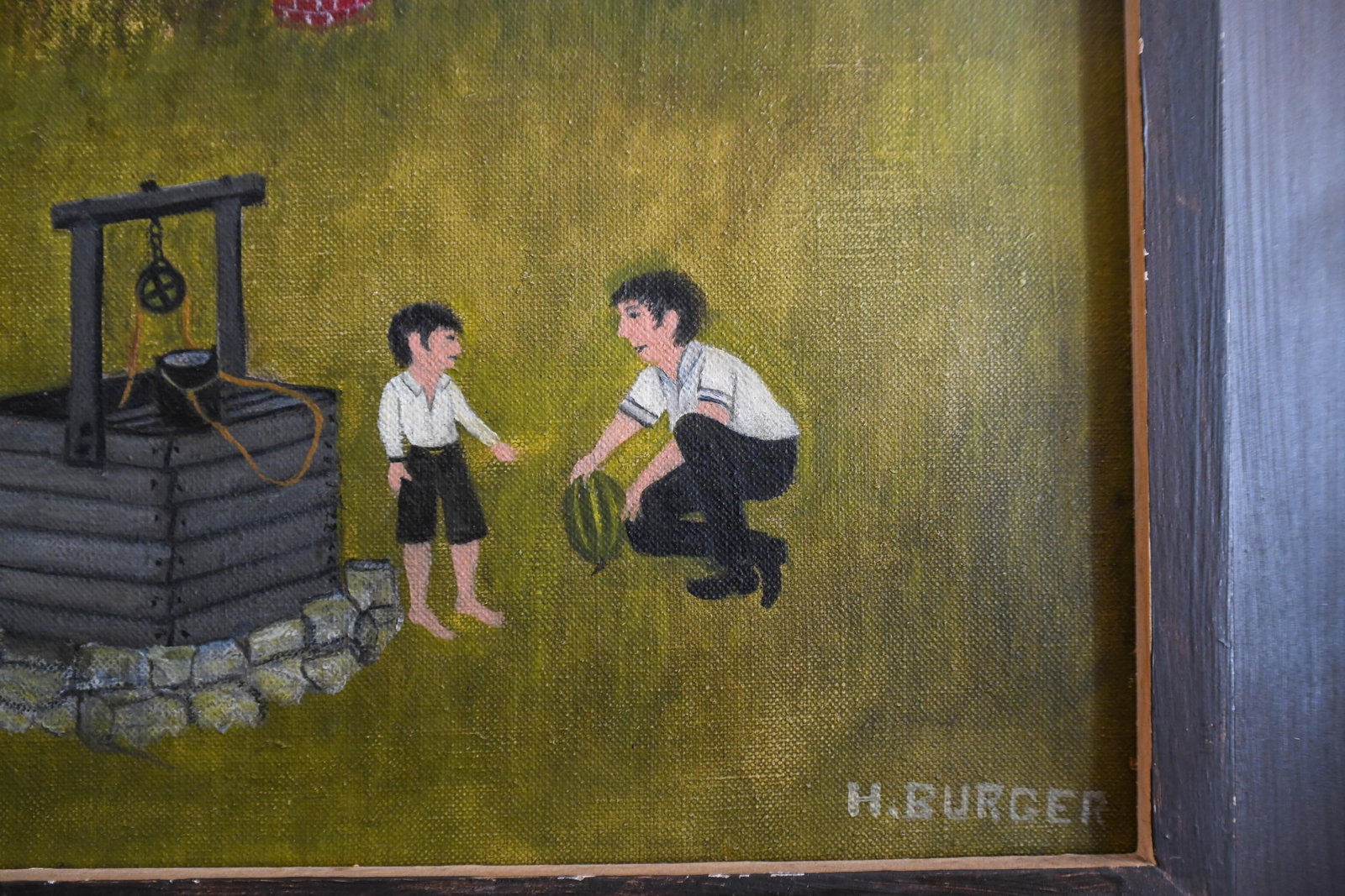 1970s Folk Art Farmhouse Landscape Scene Framed Oil on Canvas by H. Burger - 5