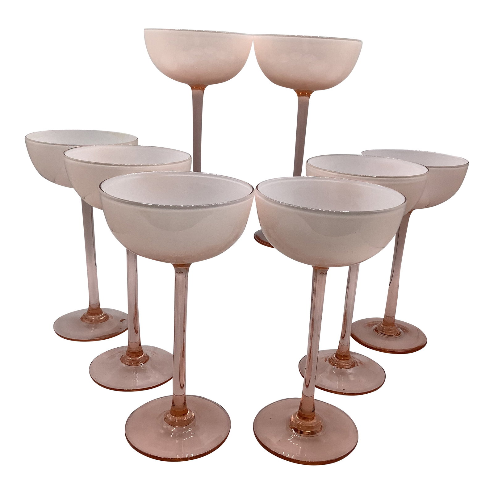 Vintage Carlo Moretti Italy Pink White Cased Glass Tall Stem Champagne Coupes - Set of 8: The most stunning set of 60's Carlo Moretti Italian hand blown tall stem champagne coupes in a ballet pink cased in white. These are so elegant and fun to sip champagne out of. The pink is a hard to
