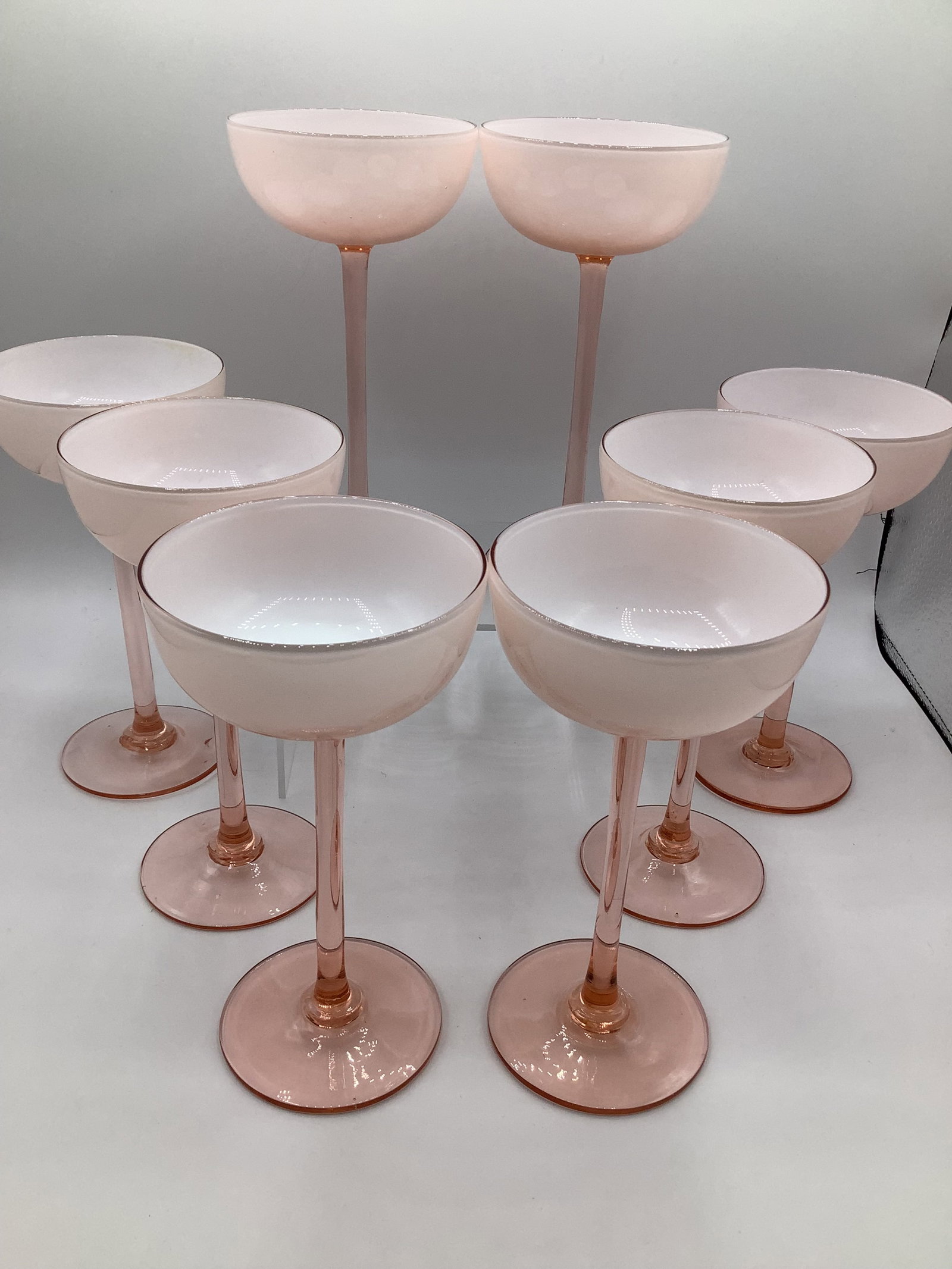 Vintage Carlo Moretti Italy Pink White Cased Glass Tall Stem Champagne Coupes - Set of 8 - 2