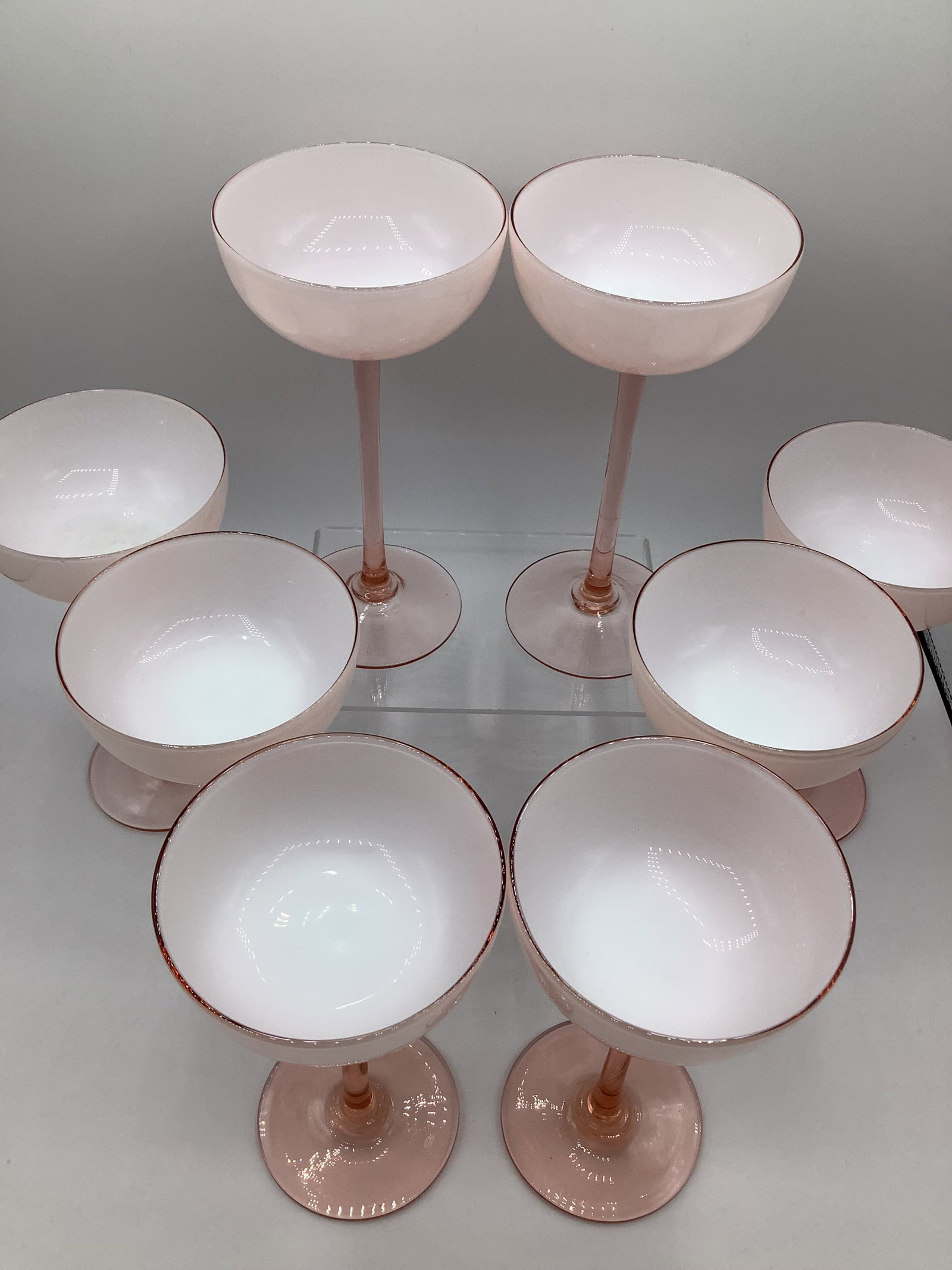 Vintage Carlo Moretti Italy Pink White Cased Glass Tall Stem Champagne Coupes - Set of 8 - 3