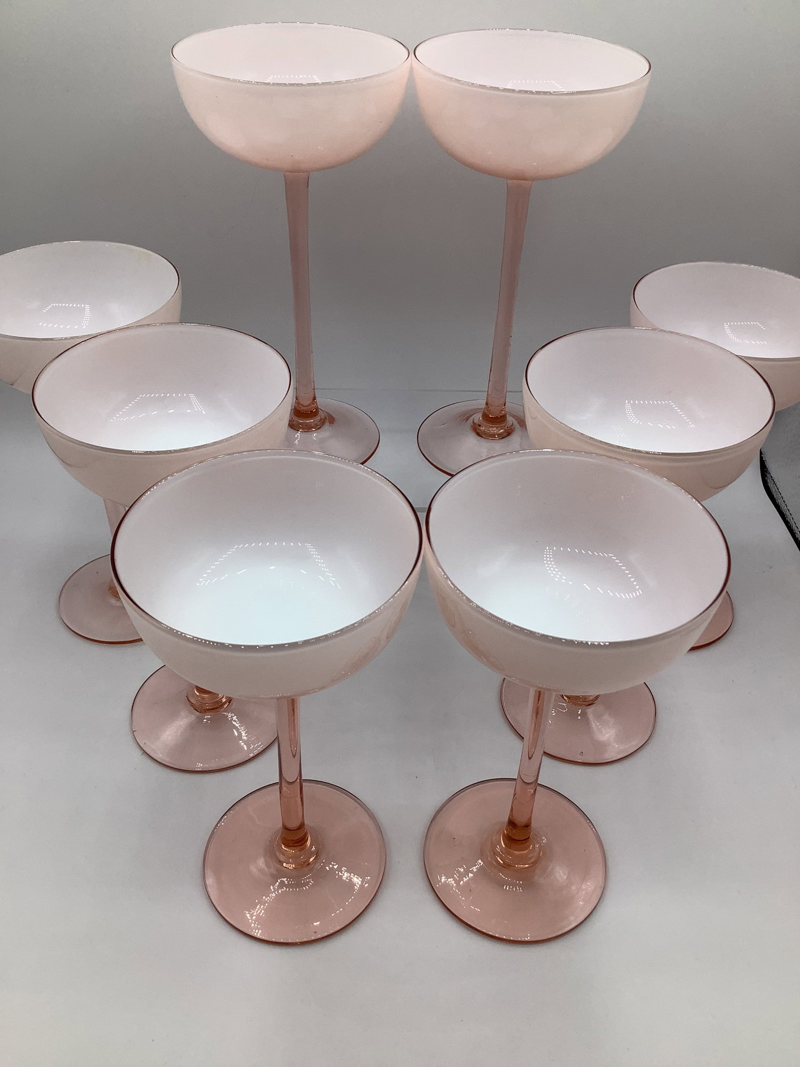 Vintage Carlo Moretti Italy Pink White Cased Glass Tall Stem Champagne Coupes - Set of 8 - 4