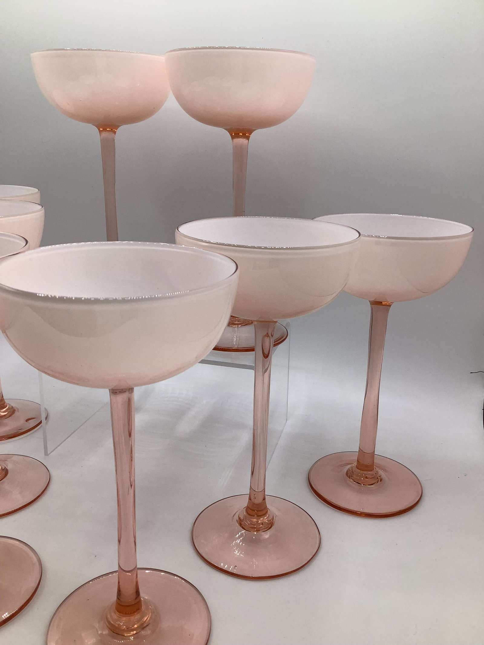 Vintage Carlo Moretti Italy Pink White Cased Glass Tall Stem Champagne Coupes - Set of 8 - 6