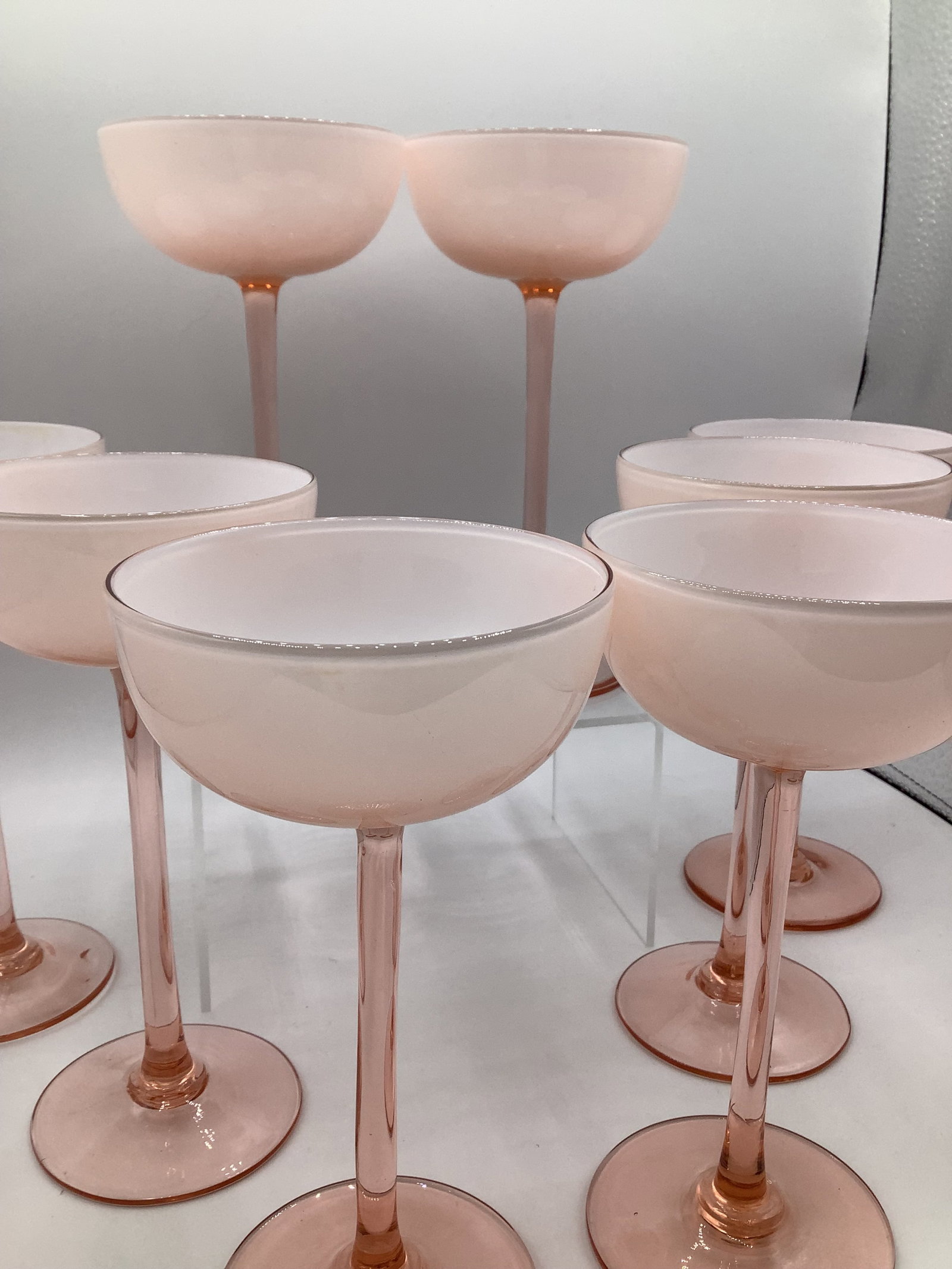 Vintage Carlo Moretti Italy Pink White Cased Glass Tall Stem Champagne Coupes - Set of 8 - 8