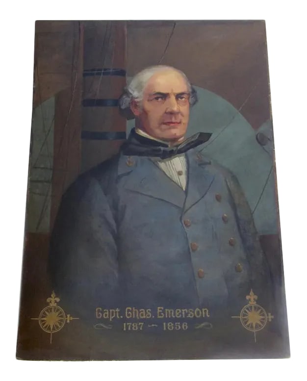Mid 19th Century Portrait of Captain Chas. Emerson Oil Painting: Well-painted portrait of a Naval officer in uniform with ship's rigging in the background. Measures 31" by 43 1/2". On the back tag reads C- Fox. Handwriting reads Commander John Rodgers. Painted on