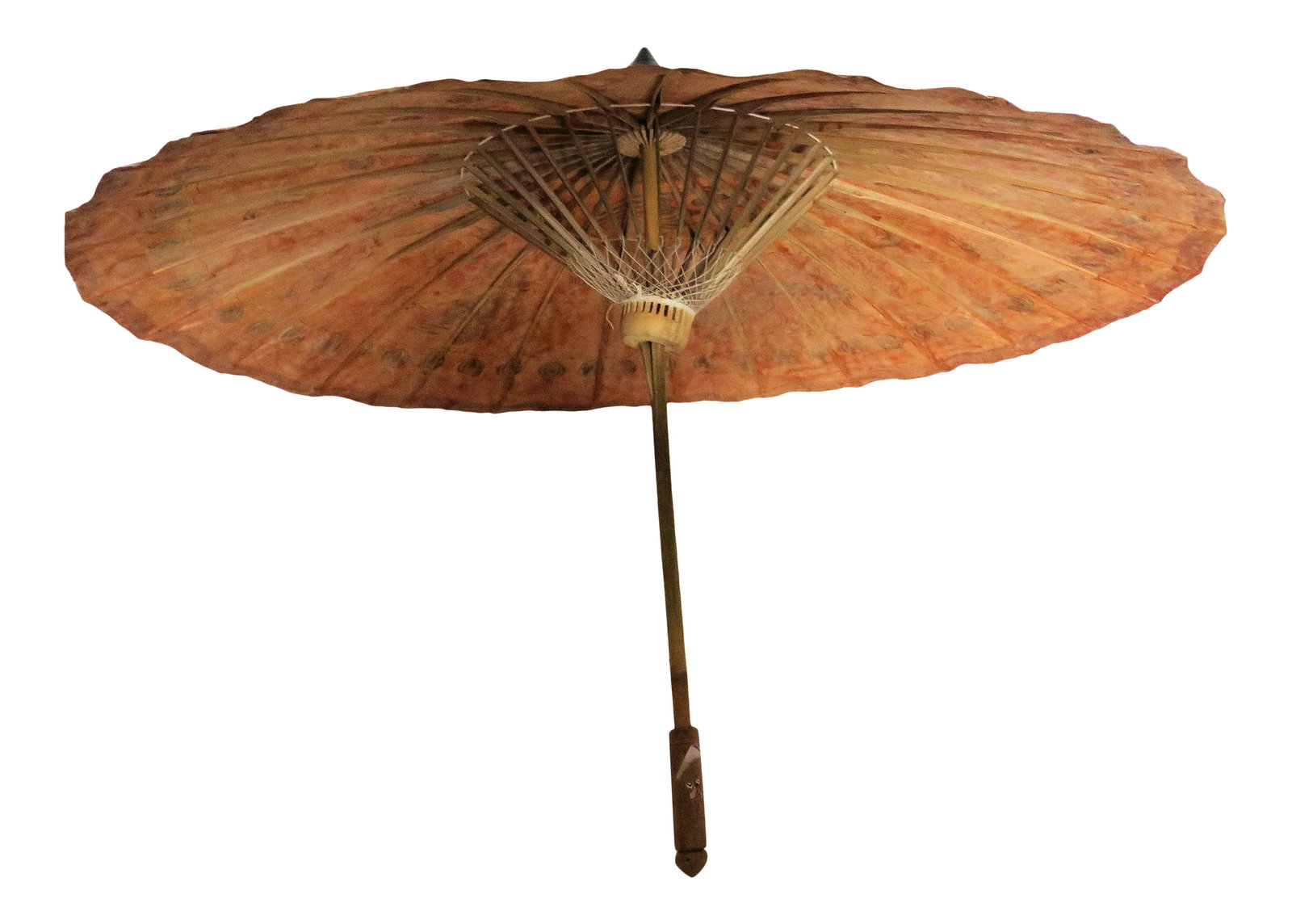 Vintage Heavy Rice Paper Japanese Umbrella: Post WW11 hand treated heavy rice paper that is then painted and assembled into an umbrella with a fine web of heavy thread that serves as the mechanism that allows the umbrella to open, plus all