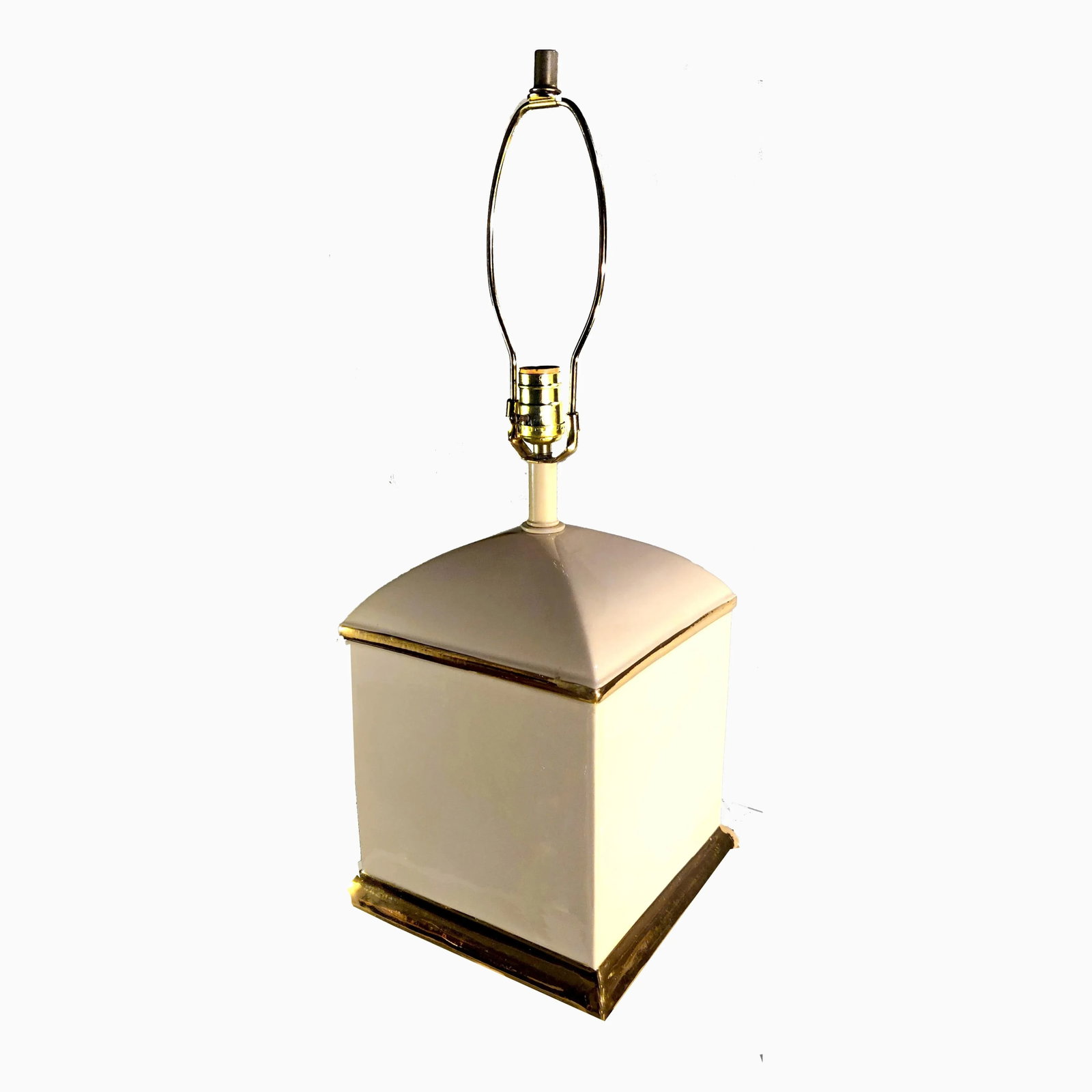 70s Chapman Hollywood Regency Style Cream & 14k Gold Square Shaped Lamps - a Pair - 3