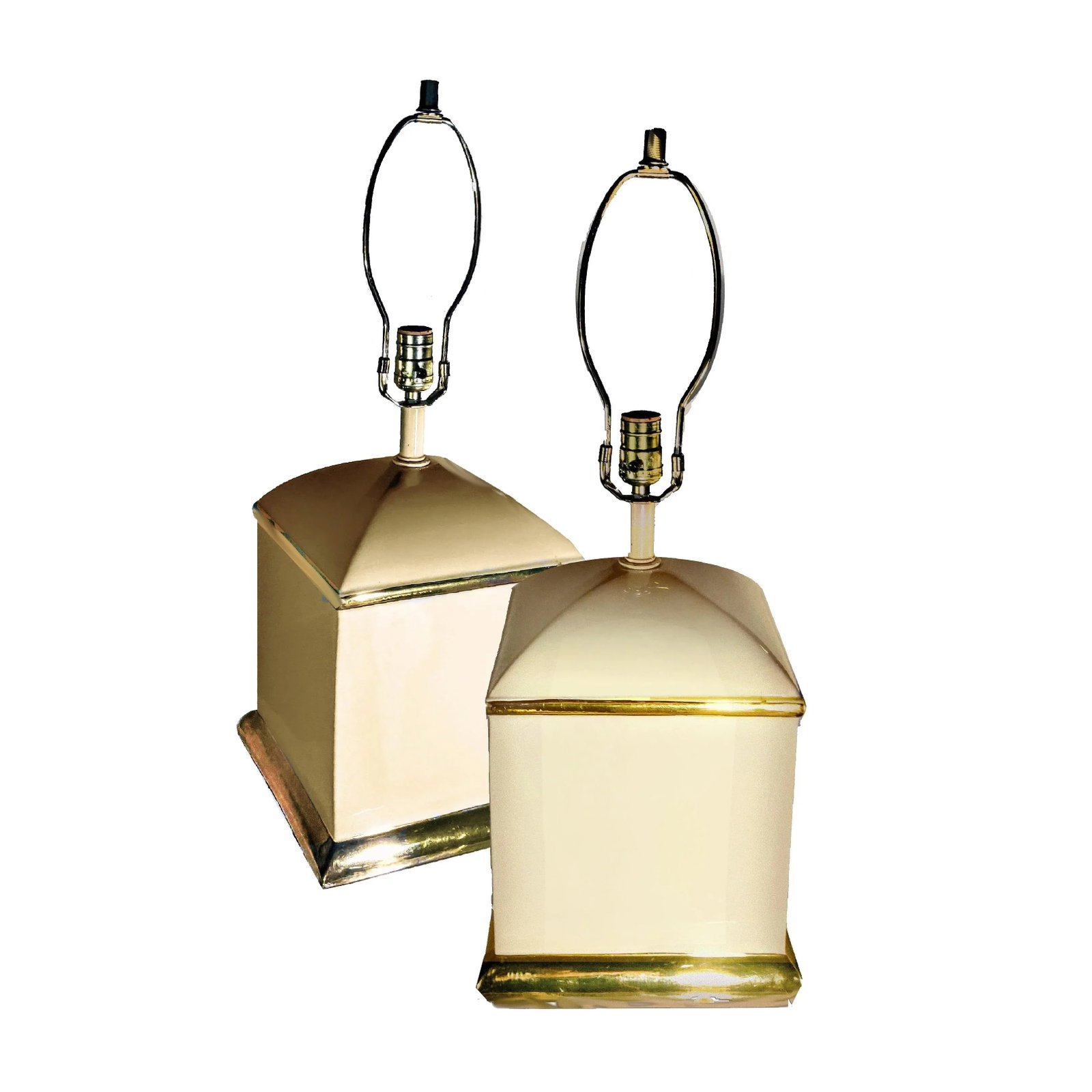 70s Chapman Hollywood Regency Style Cream & 14k Gold Square Shaped Lamps - a Pair - 6