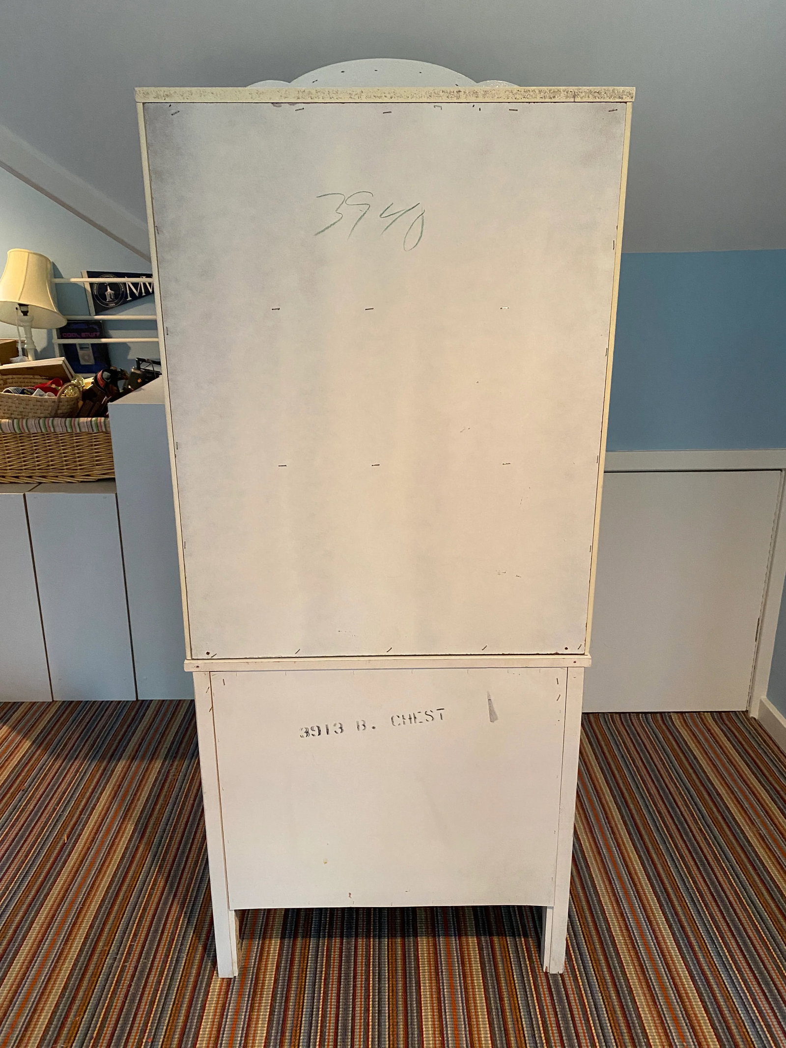French Country White Vintage Narrow Dresser Base With Hutch Top - 2