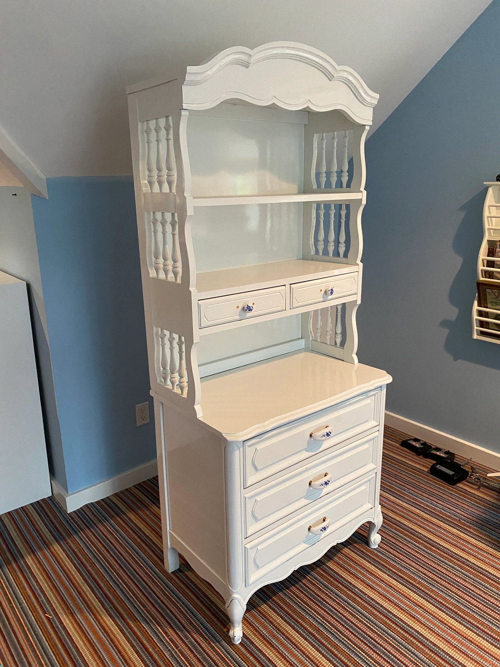 French Country White Vintage Narrow Dresser Base With Hutch Top - 3