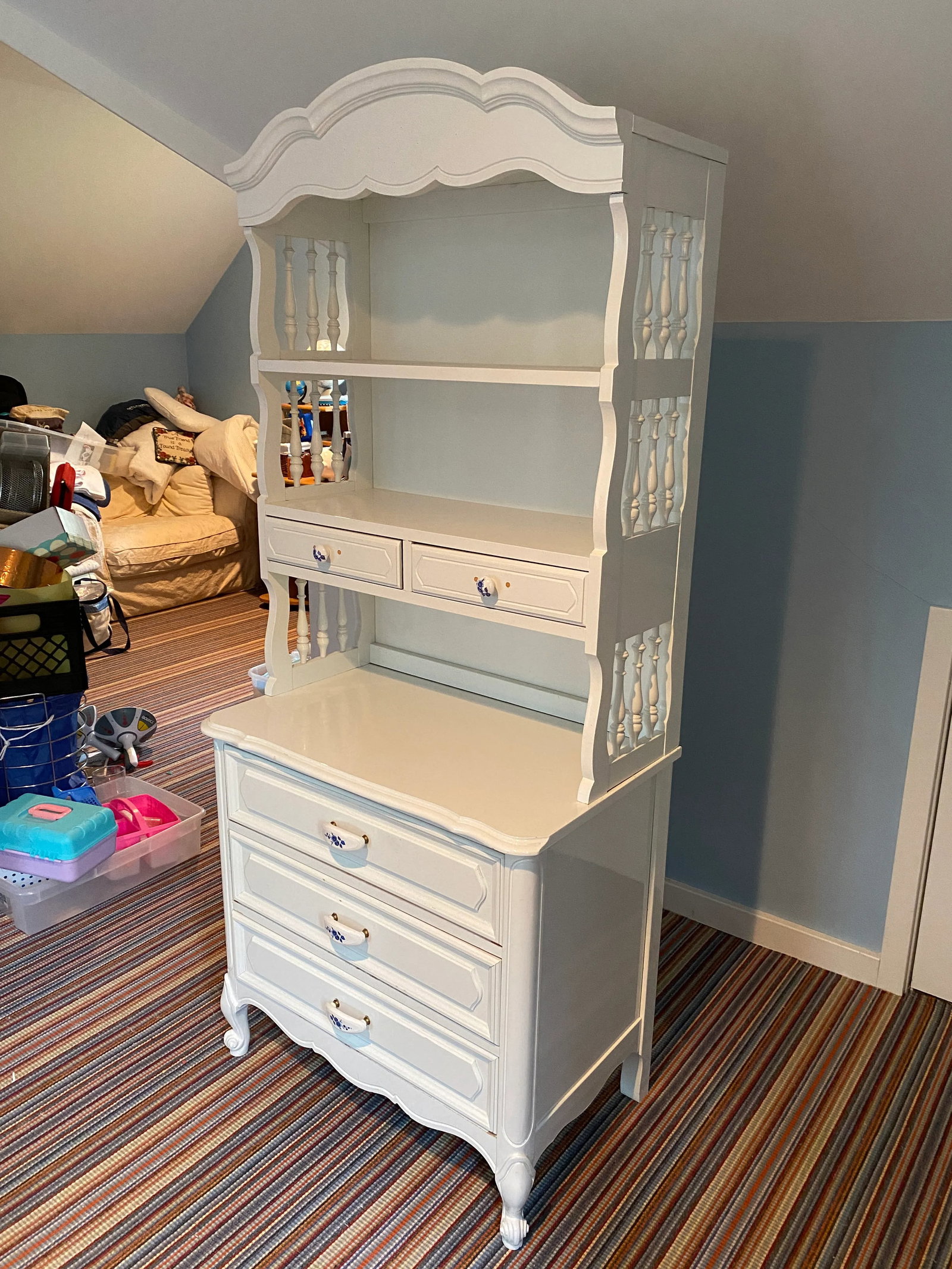 French Country White Vintage Narrow Dresser Base With Hutch Top - 4