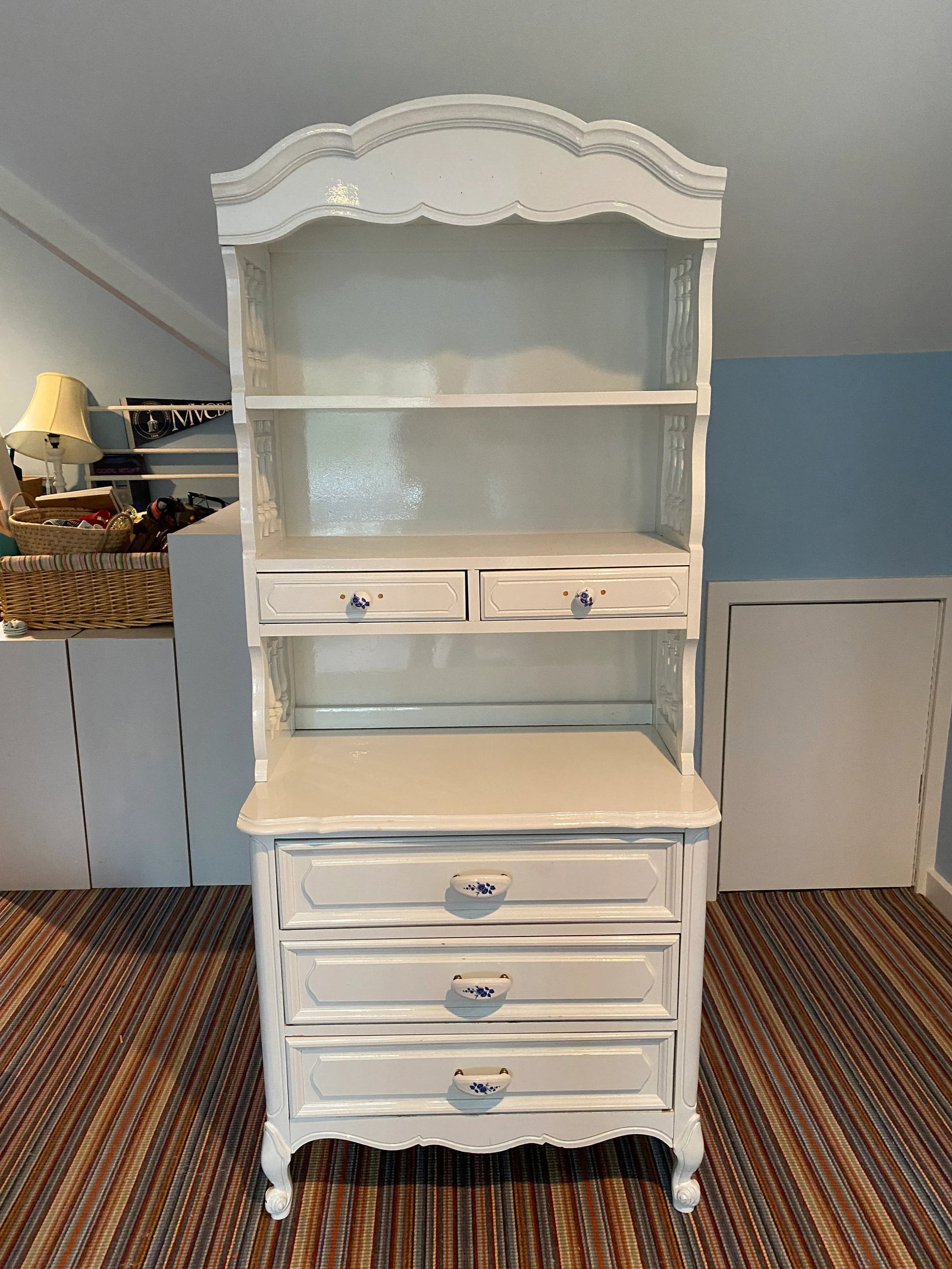 French Country White Vintage Narrow Dresser Base With Hutch Top - 6