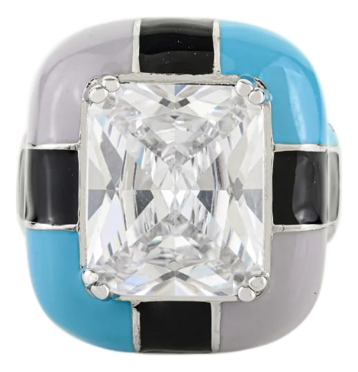 Sparkling Sterling Silver Enamel & Crystal Unisex Statement Ring by Carat&her- Size 7: Make a striking style statement with this bold and vibrant vintage-inspired enamel cocktail ring, featuring a stunning oversized cushion-cut crystal center. Framed by color-blocked enamel in turquoise