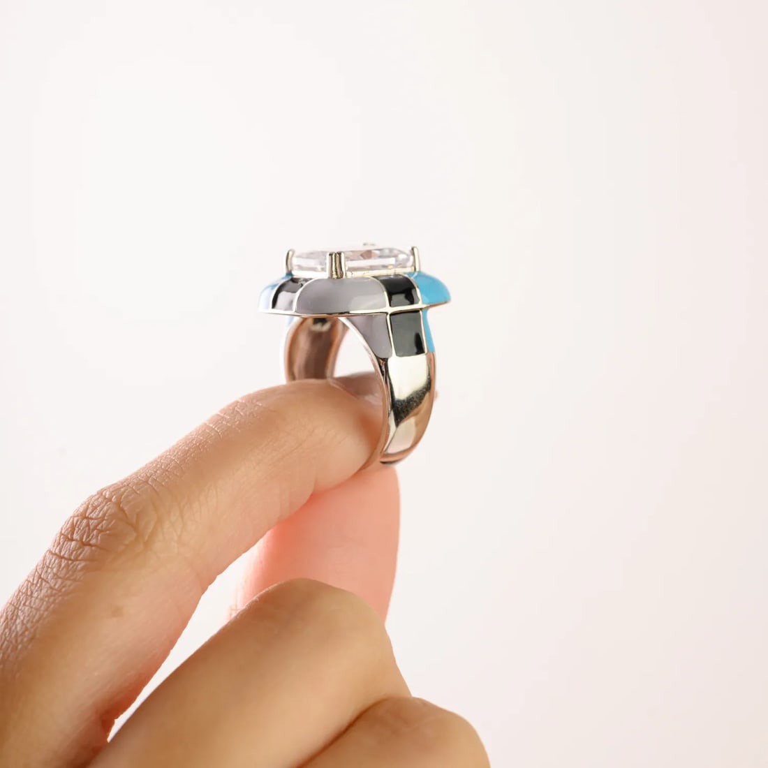 Sparkling Sterling Silver Enamel & Crystal Unisex Statement Ring by Carat&her- Size 7 - 8