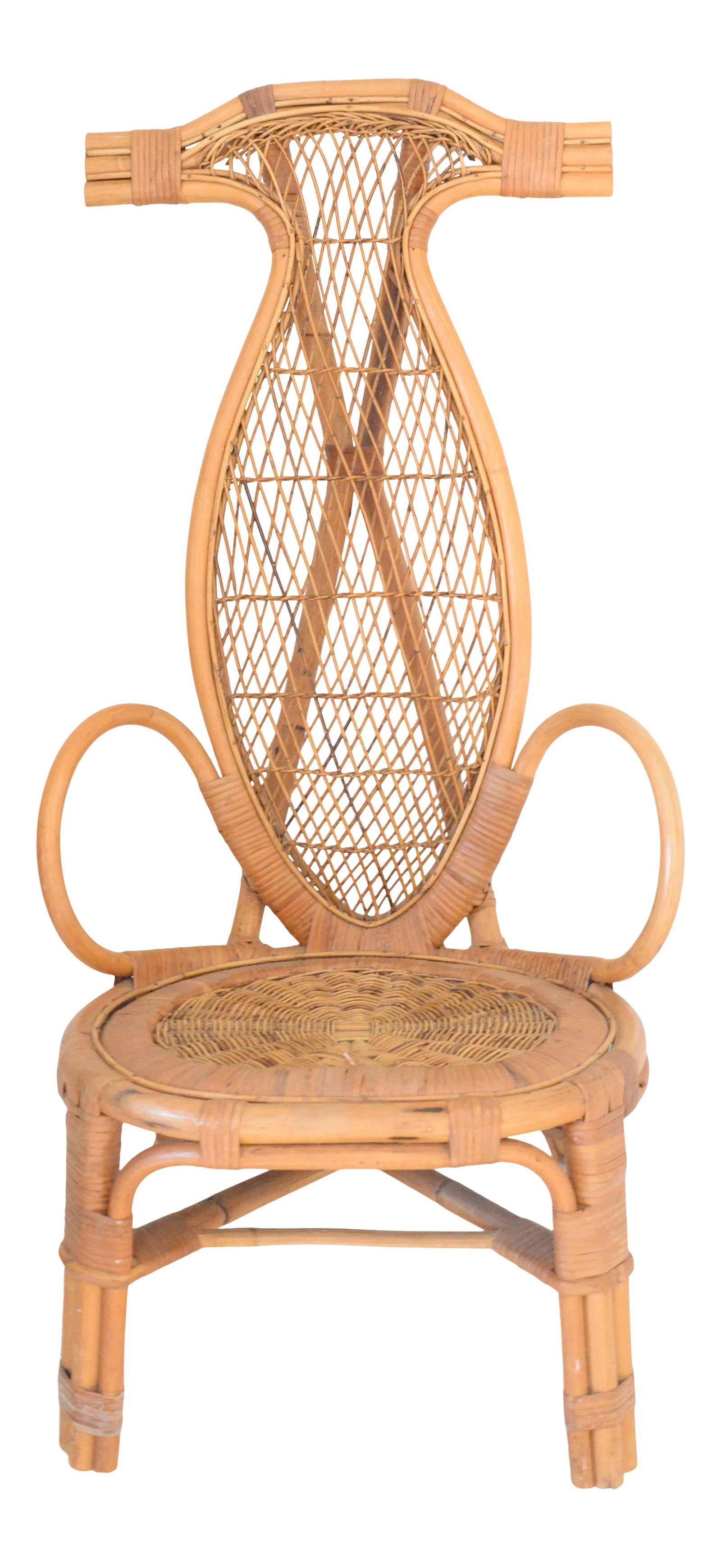 Mid Century Asian Inspired Rattan Chair: Unusual Vintage Rattan Chair with a tall horn back .It was originally designed as a fishing chair so it's low to the ground. Condition: Alterations: Original Condition Unaltered Imperfections: Some Im