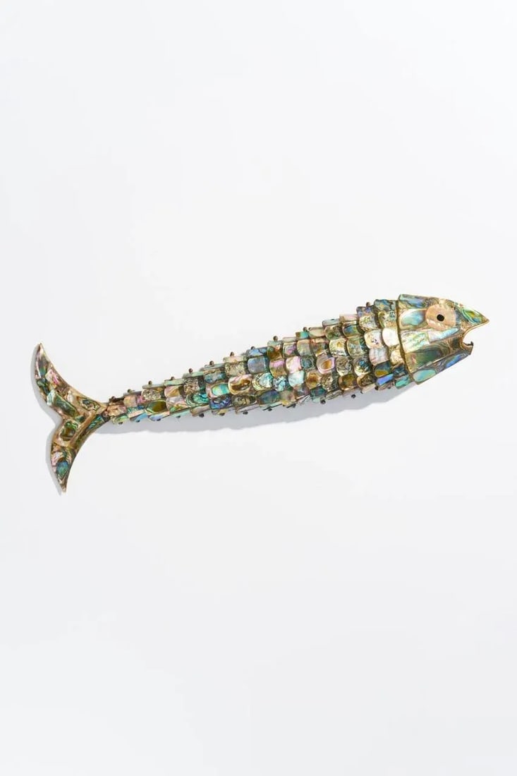 Large Mid Century Abalone Shell Articulated Fish Bottle Opener - 2