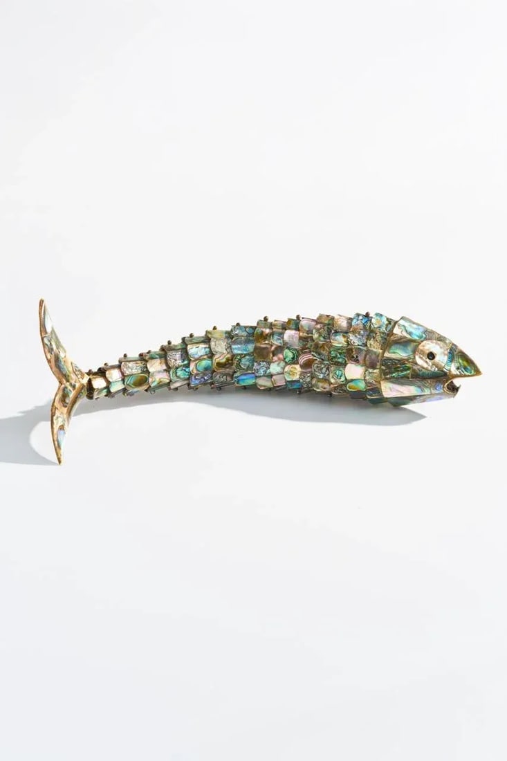 Large Mid Century Abalone Shell Articulated Fish Bottle Opener - 4