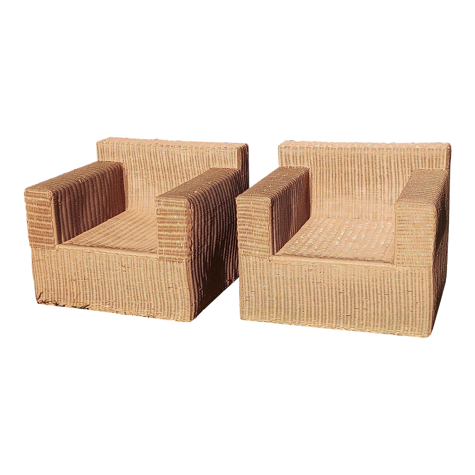 Vintage Oversized Rattan Cube Chairs With Bamboo Frame - A Pair: Gorgeous pair of oversized rattan cube chairs with a bamboo frame. Mid century (60s or 70s), in great condition for their age. Paint was refreshed by previous owner. Wonderful modern addition to your 